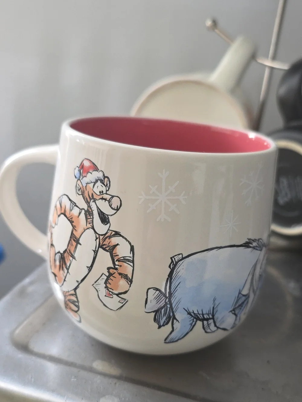 Holiday Winnie the Pooh Tigger & Eeyore Ceramic Mug - Pink Interior